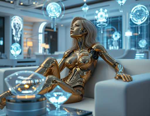 A woman is seated on a white couch in a futuristic room with blue and silver neon lights. She is wearing a gold suit that appears to be made of metal or glass, giving her an ethereal appearance. The room has a modern design, featuring large windows that allow natural light to flood the space.