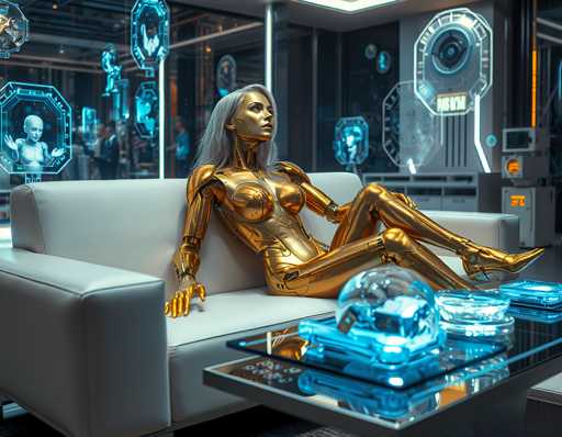 The image shows a futuristic room with a white couch and a glass table holding two blue objects on it. A woman is sitting on the couch wearing a gold suit and has blonde hair styled in loose waves. The background features a large window that allows for natural light to enter the space, creating an atmosphere of modernity and technological advancement.