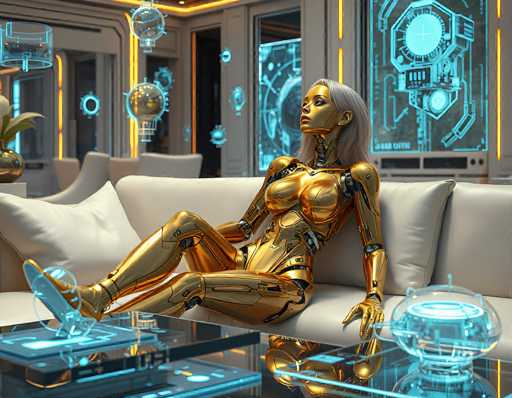 A golden humanoid robot lounges on a white sofa in a futuristic, neon-lit room. The robot is positioned with legs extended and arms resting on the sofa armrest, gazing towards a glowing holographic display. The room is filled with futuristic technology and soft blue lighting, creating an immersive atmosphere.