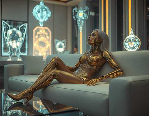 A sleek, golden android lounges on a white sofa in a futuristic, neon-lit room. The scene is bathed in cool, glowing light, with geometric wall decorations and a mirrored floor reflecting the figure. The art style is highly stylized, emphasizing smooth curves and metallic textures in a modern, possibly cyberpunk aesthetic.