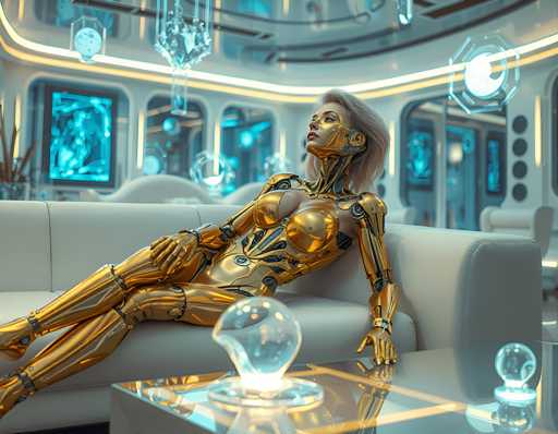 A woman with blonde hair is sitting on a white couch in a futuristic room. She is wearing a gold suit and has her legs crossed. The room features a large window that allows natural light to enter the space, creating an atmosphere of tranquility and elegance.