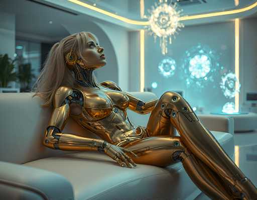 A sleek, golden android lounges on a plush white couch in a futuristic room. The scene is bathed in soft, cool lighting, with glowing geometric patterns on the wall adding to the modern aesthetic. The android's pose is relaxed, with one leg bent and arms resting on the couch, gazing upwards. The overall style is a blend of science fiction and minimalist design.