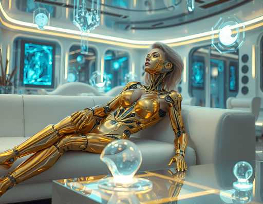 A sleek, golden humanoid robot reclines on a futuristic white sofa in a warmly lit, high-tech room. The scene is bathed in soft neon blue and gold tones, with glowing geometric accents on the walls and a reflective glass table. The art style is a blend of science fiction and minimalist design, emphasizing smooth curves and advanced technology.