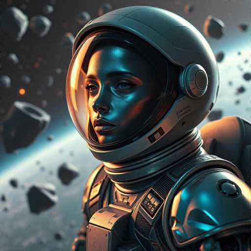 The image depicts an astronaut wearing a silver suit and helmet with a visor that reflects the surrounding space debris. The astronaut is positioned against a backdrop of stars and planets, suggesting a scene from outer space or a futuristic setting.