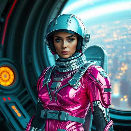 A woman is standing in front of a window with her arms crossed and looking directly at the camera. She is wearing a pink suit that has silver accents and a helmet with a blue visor. The background shows an image of a city skyline under a starry night sky.