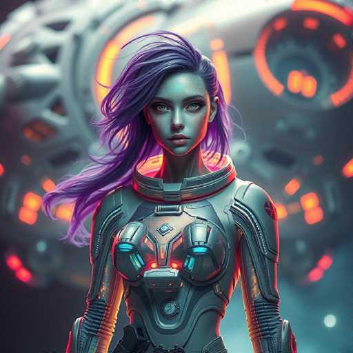 The image depicts a futuristic woman with purple hair and a metallic suit standing against a backdrop of a large spaceship. The woman is positioned centrally within the frame, facing towards the right side of the image. The background features a large circular structure that appears to be part of the spaceship's design or propulsion system.