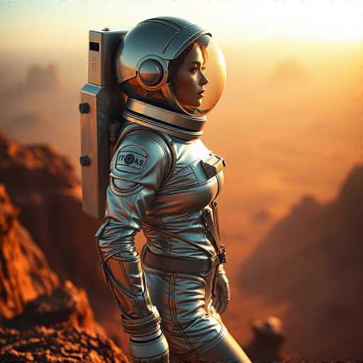 A stunning, curvaceous astronaut in a gleaming silver spacesuit stands on a Martian cliff edge. The warm, soft lighting highlights the otherworldly landscape of crimson rocks and a dusty atmosphere. A sharp focus emphasizes the astronaut's serene gaze, creating a cinematic, hyper-realistic image of otherworldly beauty.