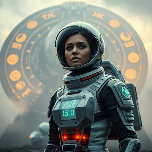 A woman dressed as an astronaut stands in front of a large circular clock with the numbers "TIC" and "KM" on it. The background is blurred, suggesting motion or speed.