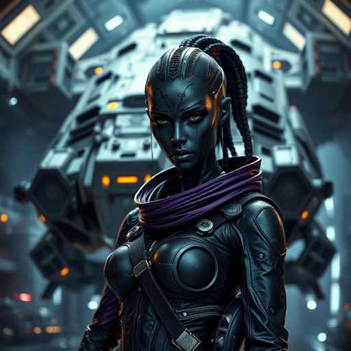 A strikingly beautiful gynoid, with dark metallic skin and intricate cybernetic details, commands attention in a black leather spacesuit accented with purple. She stands before a colossal, heavily-armed spaceship docked in a dimly lit, futuristic space station. The image exudes cinematic elegance with sharp focus and hyper-realistic detail, emphasizing a sense of spacefaring mystery.