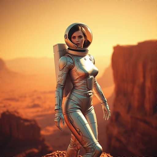 A stunning, hyper-realistic image showcases a female astronaut in a gleaming metallic spacesuit standing on a Martian cliff. The vast, crimson landscape stretches behind her under warm, golden lighting, creating a cinematic and futuristic scene. The astronaut is centrally positioned, emphasizing the scale of the alien environment.