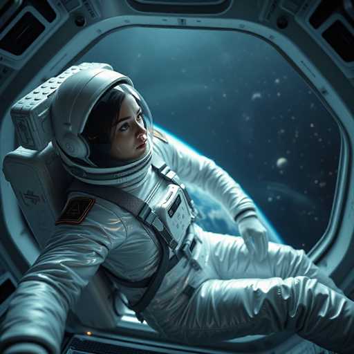 A woman wearing a white spacesuit is seated inside a spaceship window, gazing out at the Earth and stars visible through the circular window.
