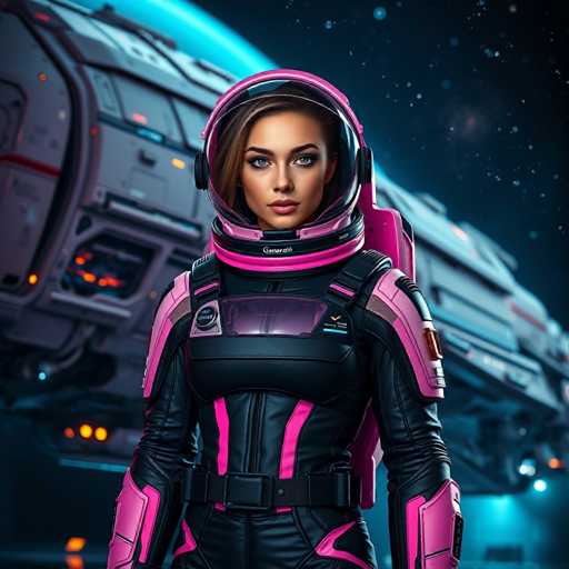 The image shows a woman dressed in a black and pink space suit standing against the backdrop of a futuristic spaceship. The woman is wearing a helmet with a visor that shields her eyes from the bright lights of the spaceship.