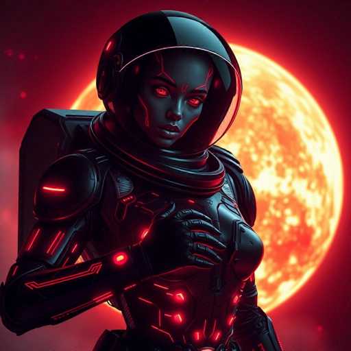 The image depicts a female astronaut standing against a backdrop of a large orange and red planet with a yellow sunburst pattern. The astronaut is wearing a black helmet and suit, which contrasts with the vibrant colors of the planet and sky.