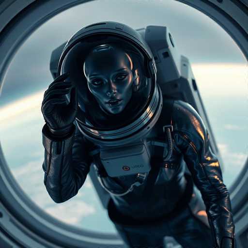 A woman wearing a black spacesuit with a white helmet and a red tag on her chest is standing inside an airplane window looking out at the Earth below.