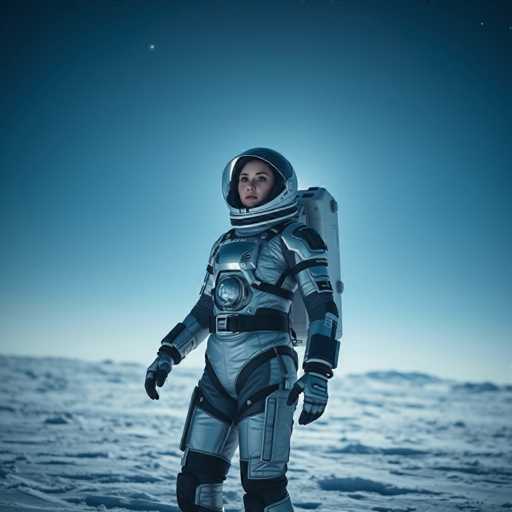 A woman dressed as an astronaut stands on a snowy field under a clear blue sky with the moon visible in the distance.