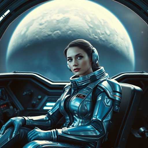 A stunning female space pilot in a futuristic silver and blue flightsuit sits in a sleek spaceship cockpit, gazing at a colossal, alien planet dominating the background. Cool blue lighting and sharp focus create a hyper-realistic, cinematic scene of intergalactic travel. The spatial relationship emphasizes the pilot's central position within the vast, awe-inspiring space.