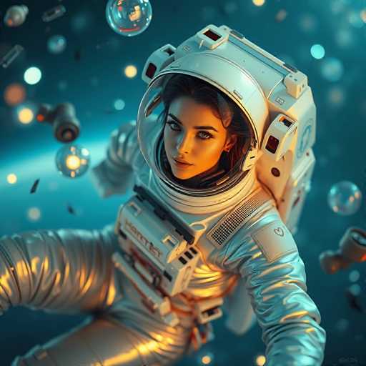A stunning female astronaut, bathed in soft light, floats amidst a cosmic ballet of glowing orbs and scattered spaceship debris. The hyper-realistic image showcases her in a gleaming white spacesuit, suspended in zero gravity against a deep blue backdrop. The scene exudes otherworldly beauty with sharp focus and cinematic depth.