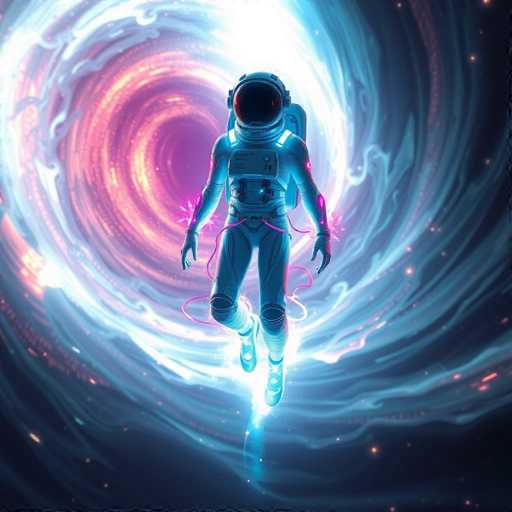 A captivating astronaut gynoid, clad in a sleek, glowing suit, floats within a swirling vortex of vibrant energy. The image showcases a powerful cosmic scene with sharp focus and hyper-realistic detail, evoking a sense of cosmic awe. The spatial relationship places the astronaut at the center of this dynamic energy phenomenon, emphasizing a breathtaking, cinematic moment.