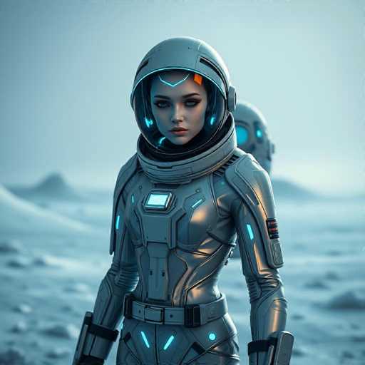 A woman wearing a silver suit and helmet stands on a rocky surface with her arms crossed over her chest. The background is a vast expanse of snow-covered terrain under a cloudy sky.