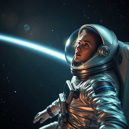 A woman wearing a silver spacesuit is captured from behind and looking up at the camera with her hands resting on her hips against a backdrop of stars and planets.