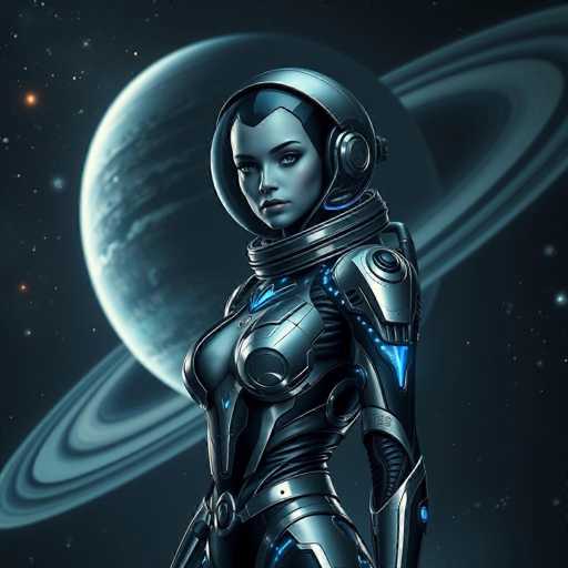 A captivating, hyper-realistic digital artwork features a seductive astronaut gynoid in a sleek black and silver spacesuit. Her metallic form glows with blue circuits, posed against a colossal, ringed planet in deep space. Stars and galaxies create an ethereal backdrop, showcasing cinematic elegance and sharp focus.