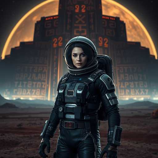 A woman dressed as an astronaut stands on a rocky surface with her arms crossed and a serious expression on her face. The background features a large building with the numbers "22" and "92" prominently displayed in orange letters against a dark sky.