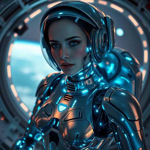 A woman is depicted wearing a futuristic silver suit and helmet with blue lights on the sides. She has dark hair styled in an updo and is looking directly at the camera. The background features a circular window that appears to be part of a spaceship or other space-themed setting, suggesting the image may have been taken from inside such a vessel.