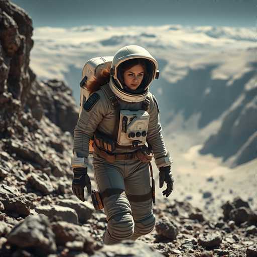 A woman dressed as an astronaut is walking on a rocky terrain with her back facing the camera and looking down at the ground.