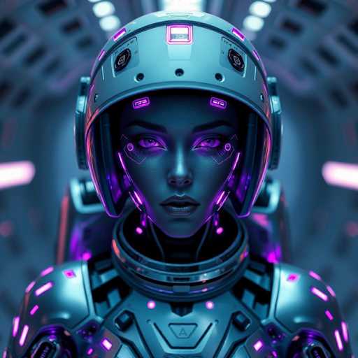 The image shows a close-up view of a person wearing a futuristic helmet with purple lights on the sides and a silver body. The individual is facing the camera directly, giving an impression of being in focus.