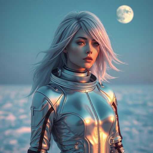 A woman with long blonde hair is standing on a snowy beach under the moonlight. She is wearing a silver suit and helmet that matches her hair color. The background features a clear blue sky and the full moon in the distance.