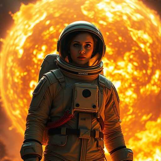 A lone, beautiful astronaut in a retro-futuristic spacesuit stands bravely before a colossal, exploding star. The image is dominated by intense, fiery light and cosmic drama, with sharp focus highlighting the astronaut's determined gaze. The spatial relationship places her as a central figure against the vast, chaotic backdrop of stellar destruction.