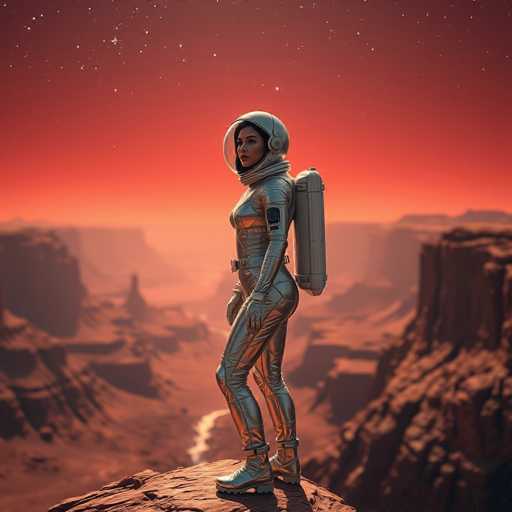 A lone, stunning female astronaut in a gleaming metallic spacesuit stands on a Martian cliff overlooking the vast Valles Marineris canyon system. The crimson sky is dotted with twinkling stars, bathed in soft, ethereal light. The hyper-realistic image showcases a cinematic scene of intergalactic wonder and solitary exploration.