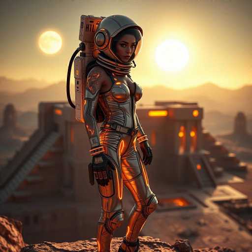 A sultry, metallic astronaut gynoid stands on a massive alien temple's edge, bathed in the warm glow of twin suns. Her revealing jumpsuit features glowing neon tattoos, highlighting a hyper-realistic, cinematic scene of intergalactic allure. The spatial relationship emphasizes her solitary presence against the vast, ancient landscape.