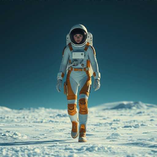 A lone female astronaut in a white and gold spacesuit strides across a vast, icy planet under a deep indigo sky. The scene is hyper-realistic and cinematic, emphasizing the stark beauty of interstellar exploration with sharp focus on the astronaut's determined walk.