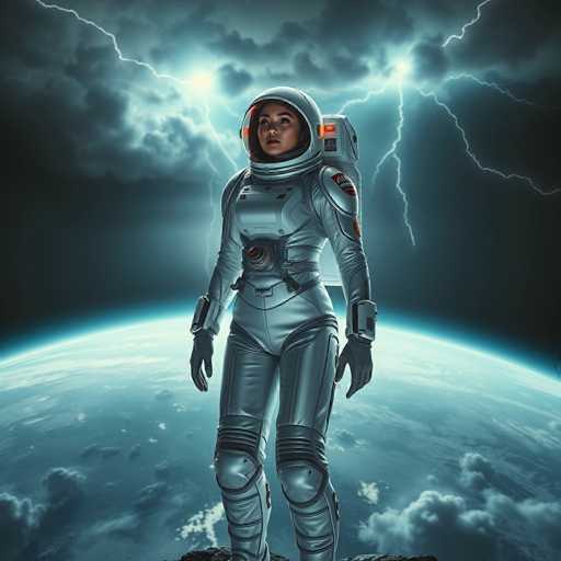A woman dressed as an astronaut stands on a rocky surface with her arms outstretched and legs bent at the knees, gazing directly into the camera against a backdrop of a stormy sky filled with lightning bolts.