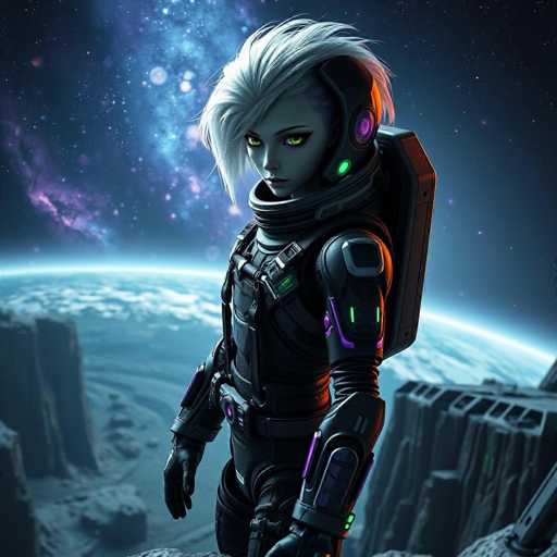 A captivating gynoid astronaut with shimmering silver hair and piercing green eyes stands on a cliff overlooking a stunning nebula. The hyper-realistic image showcases a high-tech black and purple spacesuit, dramatic lighting, and a cosmic view. The astronaut's spatial position emphasizes the vastness of space, creating a cinematic and awe-inspiring scene.