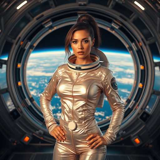 A woman is standing in front of a large circular window that has a silver frame and is set against the backdrop of an image of Earth taken from space. The woman is dressed in a gold jumpsuit with a white helmet on her head, which matches the color scheme of the window. She is looking directly at the camera with a serious expression.