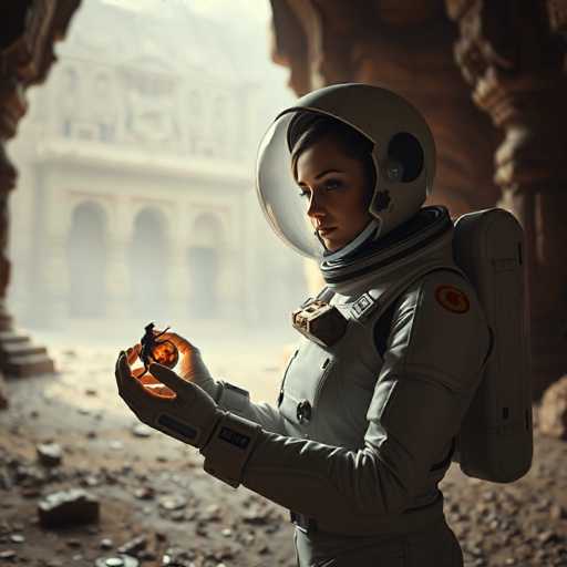 A woman dressed as an astronaut stands in a cave-like structure with columns and arches, holding a small orange object in her hand.