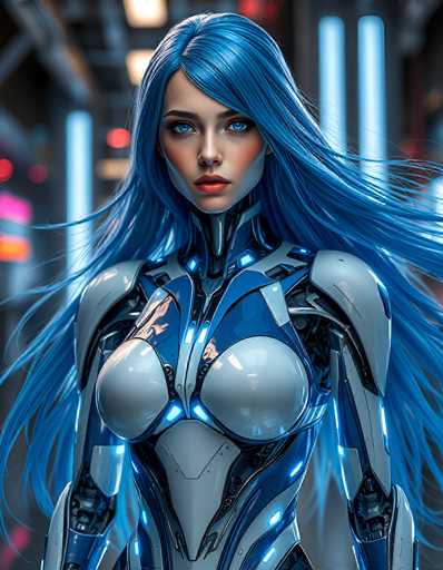 A stunning, futuristic cyborg woman with vibrant blue hair and glowing blue eyes dominates the frame. She's clad in a sleek, white and blue robotic suit with glowing accents, her long hair flowing dynamically. The background is a blurred cityscape of neon lights and futuristic structures, emphasizing the character's central presence. The art style is highly detailed and digital, with a focus on sharp lines and vibrant color.