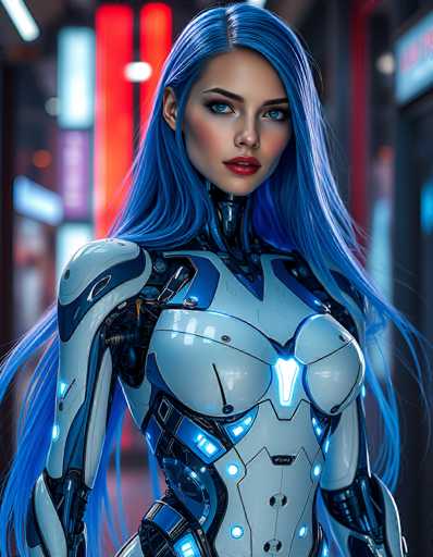 A stunning, futuristic cyborg woman with vibrant blue hair and glowing blue accents dominates the frame. She's positioned centrally, her body a sleek blend of polished white and dark metallic components. The background is blurred with neon lights, creating a cyberpunk atmosphere. The art style is highly detailed and digital, emphasizing a blend of human and artificial elements.