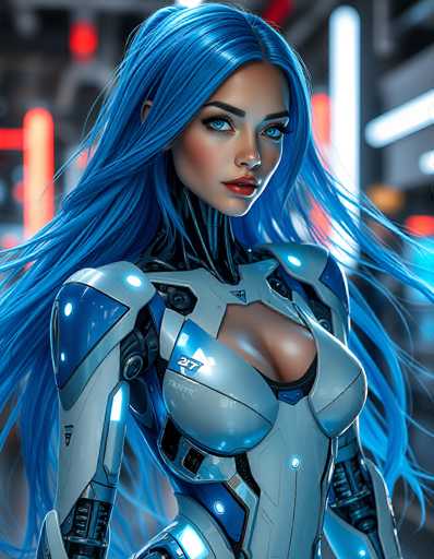 A stunning, hyperrealistic digital artwork depicts a woman with vibrant blue hair and cybernetic enhancements. She's clad in a sleek, white and blue bodysuit with glowing accents, her gaze direct and captivating. The background is blurred, suggesting a futuristic, neon-lit environment. The style is highly detailed and emphasizes dynamic lighting.
