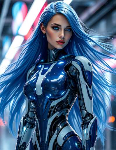 A woman with long blue hair is standing against a white background and wearing a futuristic blue suit that has silver accents. The suit features a metallic sheen and a pointed top, giving it an industrial look. The woman's face is partially obscured by the suit, but her eyes are visible, adding to the overall futuristic aesthetic of the image.