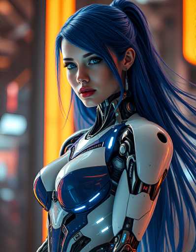 A stunning, highly detailed digital artwork features a futuristic cyborg woman with vibrant blue hair and glowing blue eyes. She's clad in sleek, white and blue cybernetic armor with intricate mechanical details. The spatial relationship places her in the foreground, looking directly at the viewer with a confident gaze, set against a blurred, neon-lit background. The art style is a blend of realistic and stylized digital painting, emphasizing intricate textures and dynamic lighting.