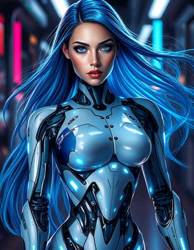 A stunning, futuristic cyborg woman with vibrant blue hair and glowing blue accents dominates the image. She's positioned centrally, her body a sleek blend of metallic and organic design. The background features blurred neon lights, creating a cyberpunk atmosphere. The art style is highly detailed and digital, emphasizing a blend of human and artificial elements.