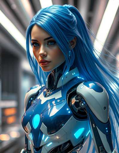 A striking, close-up portrait of a futuristic cyborg woman dominates the image. She's clad in a sleek, blue and white robotic suit with glowing accents, her long, vibrant blue hair flowing dynamically. The background is blurred, suggesting a modern, possibly industrial setting. The art style is highly detailed and digital, emphasizing a blend of human and mechanical elements.