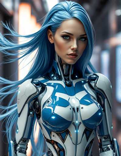 A strikingly beautiful, blue-haired cyborg woman dominates the frame, her body a blend of polished white and vibrant blue armor. She gazes directly at the viewer with intense, green eyes. The art style is futuristic and detailed, emphasizing intricate mechanical design and dynamic hair flow.