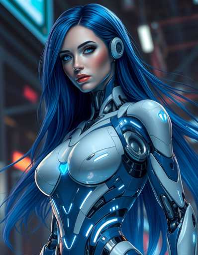The image depicts a woman with long blue hair wearing a futuristic bodysuit that is predominantly silver and blue in color. The woman has a serious expression on her face as she gazes directly into the camera.