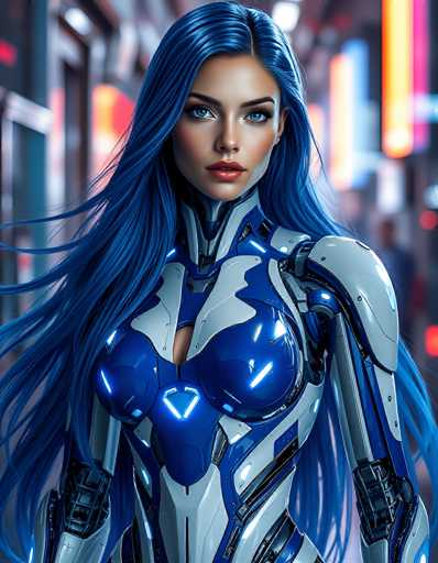 A stunning, futuristic cyborg woman with vibrant blue hair and glowing blue armor dominates the frame. She's positioned centrally, her gaze direct, against a blurred neon-lit cityscape backdrop. The art style is highly detailed and digital, emphasizing sleek metallic textures and dynamic lighting.