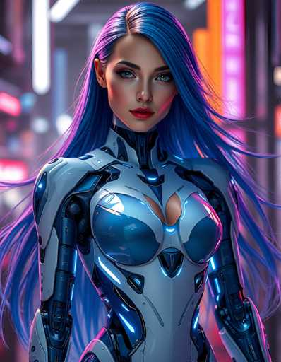 A stunning, highly detailed digital painting of a futuristic cyborg woman. She has long, flowing blue hair with glowing accents, and her body is covered in a sleek, white and blue robotic suit. Her eyes are vibrant green, and she has a confident, slightly enigmatic expression. The background is a blurred cityscape with neon lights in shades of pink and purple, creating a cyberpunk atmosphere. The overall lighting is dramatic, with highlights on the metallic surfaces of her suit and hair. The style is highly polished and detailed, emphasizing a blend of human and artificial elements.