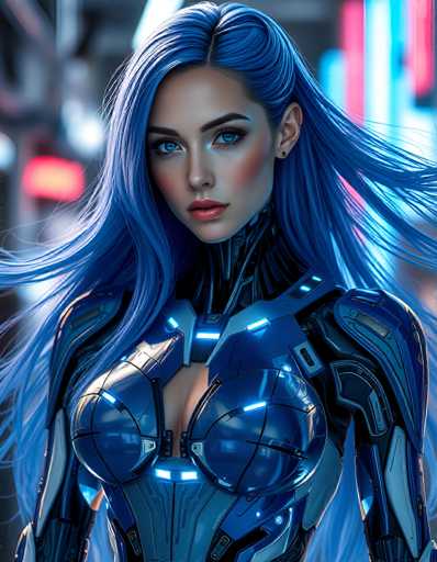 A stunning, hyperrealistic digital painting of a futuristic cyborg woman. She has long, flowing, vibrant blue hair that seems to be caught in a strong wind, with glowing blue highlights. Her skin is fair and has subtle, realistic textures. She's wearing a sleek, dark blue and silver cybernetic suit with glowing blue accents on the chest and shoulders. Her eyes are a striking light blue, and she has a subtle, slightly melancholic expression. The background is blurred with neon lights in shades of red and blue, suggesting a futuristic city environment. The overall lighting is dramatic, with highlights emphasizing the contours of her body and the intricate details of the suit. The style is highly detailed, with a focus on realism and dynamic movement.